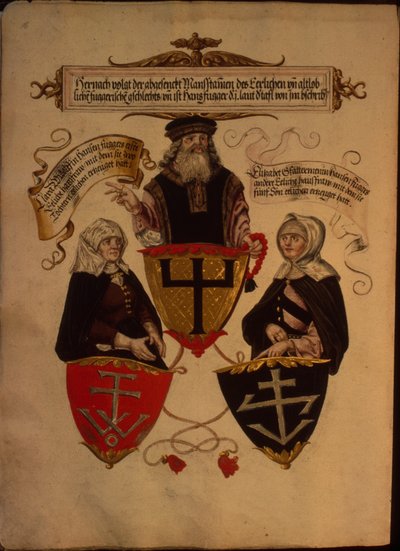 Hans Fugger and His Two Wives Clara Widolf and Elisabeth Gfattermann, from Geheim Ehrenbuch des Fuggerschen Geschlechts by German School