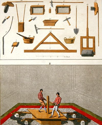 Illustration of tools and workmen laying a floor, from 