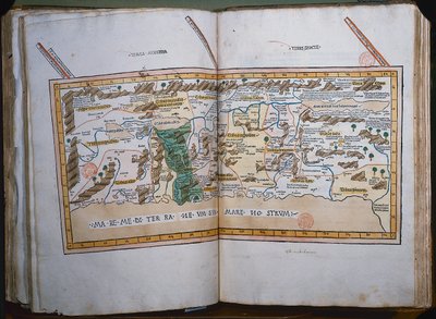 Map of the Holy Land, based on descriptions and co-ordinates given in Cosmographica, by Ptolemy (Claudius Ptolemaeus of Alexandria) published in Ulm, Germany, by Johann Reger by German School