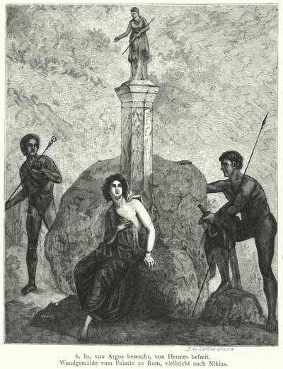 Io, guarded by Argus Panoptes by order of the goddess Hera, being watched by Hermes, sent by Zeus to abduct her, Roman wall painting by German School