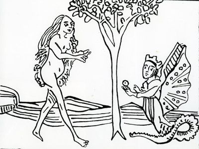 Lilith, winged and crowned, with serpent’s tail, offers the apple to Eve, from 
