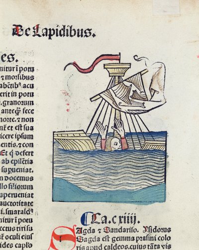 Man going down in a shipwrecked boat, illustration from Hortus Sanitatis, 1491 by German School
