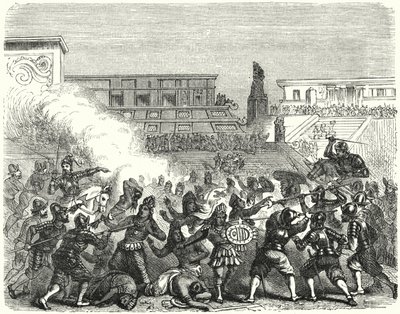 Massacre of Aztec warriors and nobles at Cholula by the Spanish conquistadors of Hernan Cortes by German School
