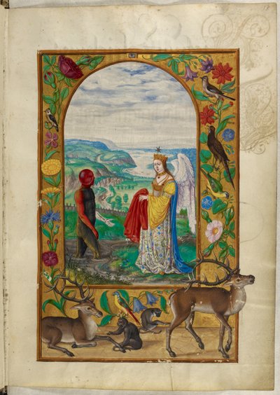 Ms Harley 3469, f.18 Queen Offers Robe to Man in Pool, the Fourth Parable, from 
