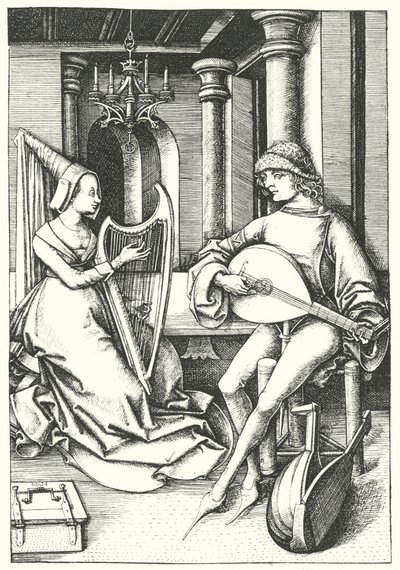 Musicians Playing the Lute and the Harp in a Country House in the 15th Century (engraving) by German School