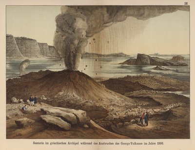 Nea Kameni, volcanic island in the caldera of the Greek island of Santorini after the eruption of 1866 by German School