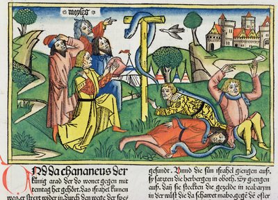 Numbers 21:4-9 Poisonous snakes bite rebellious Israelites, from the Nuremberg Bible by German School