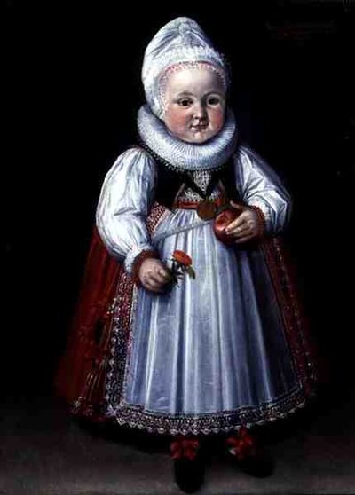 Portrait of a Young Child Holding an Apple and a Flower by German School