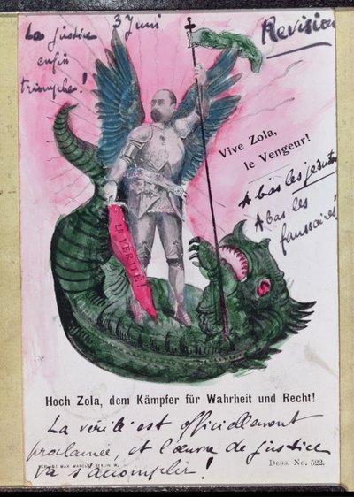 Postcard depicting Noble Zola, Warrior for Truth and Justice with annotations by German School