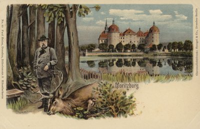 Postcard Depicting a Man with a Shot Stag with Moritzburg Castle in the Background by German School
