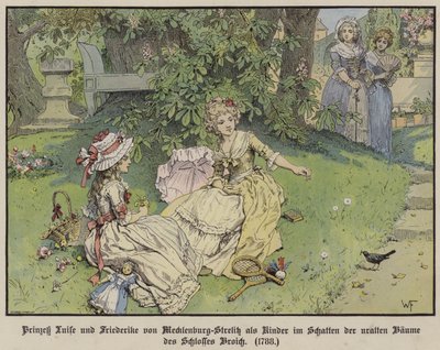 Princesses Louise and Frederike of Mecklenburg-Strelitz in the shade under the trees of Castle Broich as children by German School