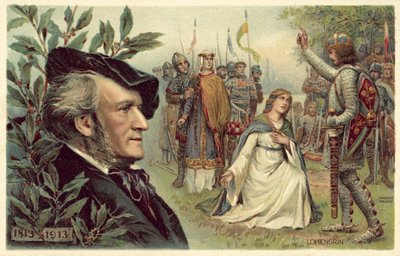 Richard Wagner and a scene from his opera Lohengrin by German School