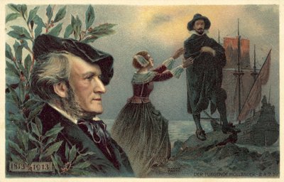 Richard Wagner and a scene from his opera The Flying Dutchman by German School