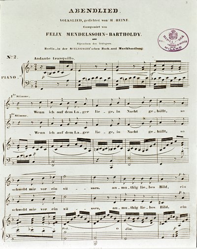 Score Page of Abendlied by Felix Mendelssohn by German School