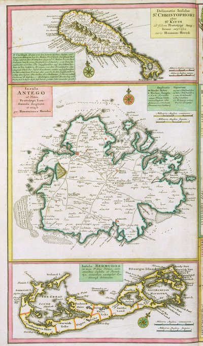 St. Kitts, Antigua and Bermuda, detail from a map of English Colonies in the Caribbean, published by Homann