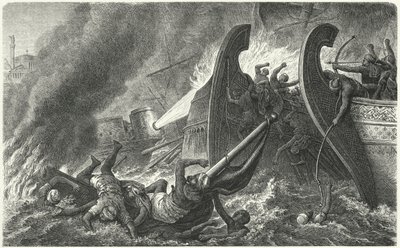 The Byzantines Using Greek Fire Against an Attacking Arab Fleet by German School
