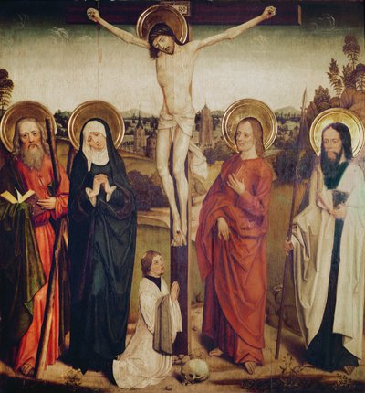 The Crucifixion, with Saint Andrew, Saint Matthew and a Man Kneeling at the Foot of the Cross by German School