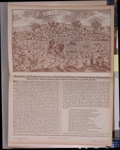 The Great Earthquake of 1755 in Lisbon, facsimile copy of an original engraving and text by German School