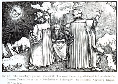 The Planetary Systems, from The Consolation of Philosophy by Boethius, published in 1537, illustration from Science and Literature in The Middle Ages and Renaissance, written and engraved by Paul Lacroix by German School