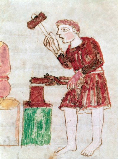 The blacksmith beating iron on a miniature anvil from the manuscript 