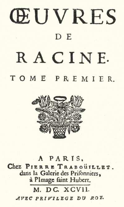 Title Page from an Edition of the First Volume of the Complete Works of Jean Racine, Published in 1697 (engraving) by German School