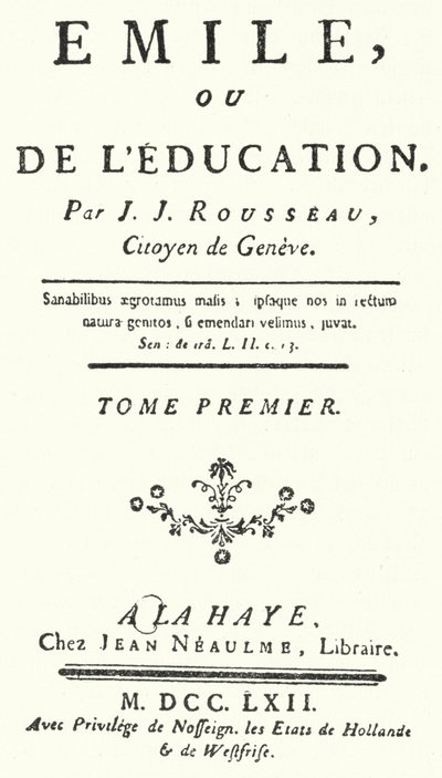 Title page from the first edition of Emile by Jean-Jacques Rousseau, published in 1762 by German School