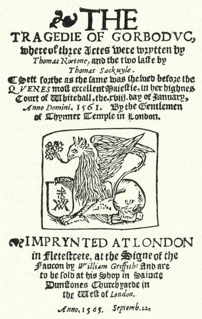 Title Page of the First Edition of The Tragedie of Gorboduc (1565), by Thomas Norton and Thomas Sackville (engraving) by German School