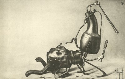 Two Jugs Fighting a Duel by German School