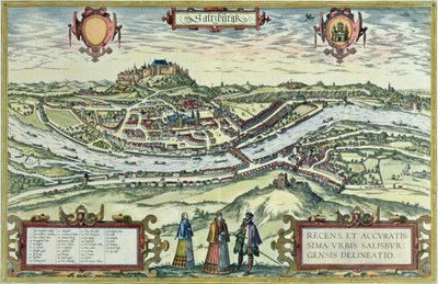 View of the city of Salzburg on the banks of the river Salzach with Honensalzburg castle in the background, from 