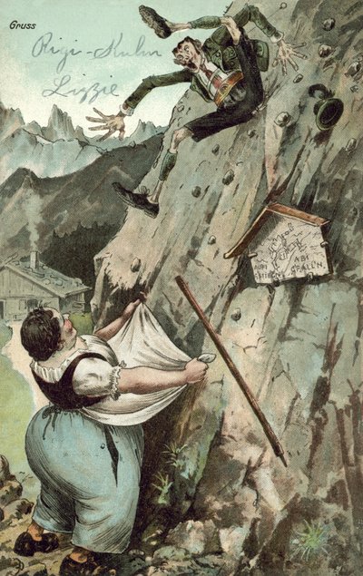 Woman catching man falling from mountain by German School
