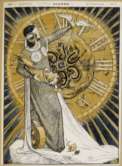 Woman with eyes strips holding a horn of abundance and advancing the hands of a clock (Allegory of Fortune) - in 