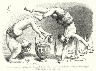 Women performing gymnastics in Ancient Greece: sword dance and filling a vessel using the feet by German School
