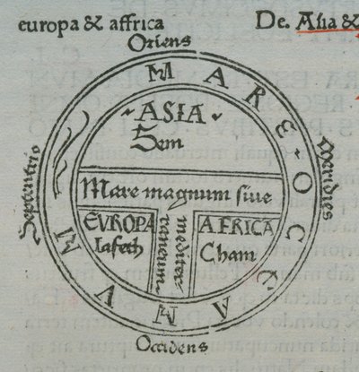 T-in-O map, with letterpress place names, from Isidore of Seville, Liber Etimologiarvm by German School
