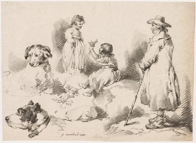 Studies of Children: Two Little Girls, Two Dogs, A Man, 1793 by Gerrard Street J. Harris Soho