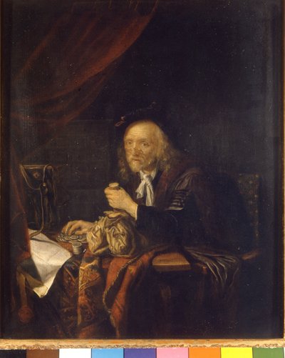 A mistrustful man counts his money by holding a purse in his hand. Painting by Gerard Dou (or Gerrit Dow) (1613-1675) 17th century Milan Museo del castello by Gerrit Dou