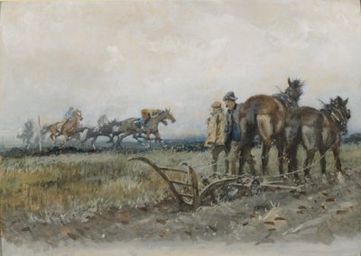 Racehorses at Exercise Watched by Ploughmen by Gilbert Holiday