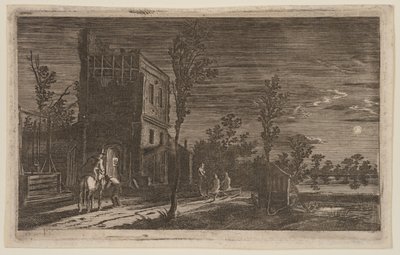 Figures by a Dilapidated Tower: Moonlit Nocturne, from Six Landscapes by Gillis van Scheyndel