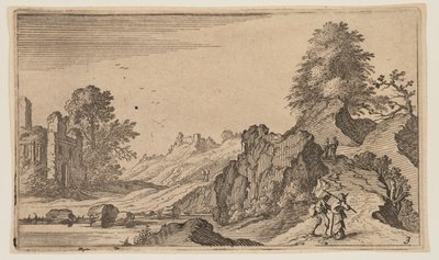 Three Pedestrians on a Wooden Bridge across a Stream, from Twelve Landscapes by Gillis van Scheyndel