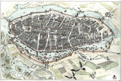 Middle Ages: aerial view of Lubeck, Germany, 15th century, showing its geographic position on an island. Illustration by Giorgio Albertini. by Giorgio Albertini