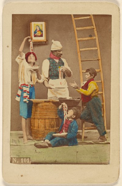 Unidentified Man with Moustache Making Pasta, Three Boys Either Eating It or Helping Him Make It by Giorgio Conrad