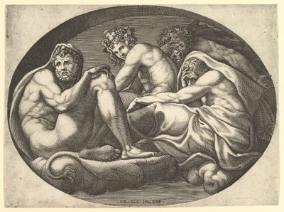 Hercules, Bacchus, Pan, and Saturn, from a series of eight compositions after Francesco P... by Giorgio Ghisi