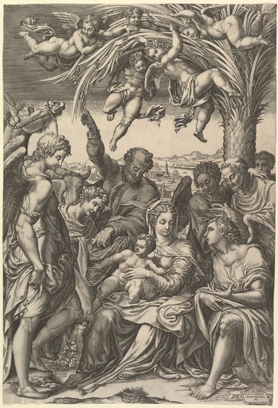 Rest on the Flight into Egypt, the Holy Family under a Palm Tree Surrounded by Angels by Giorgio Ghisi