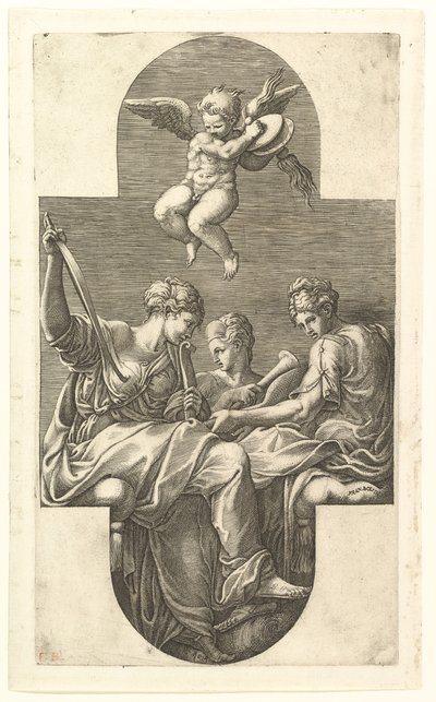 Three Muses and a Putto with Cymbals, a Cruciform Composition, from a Series of Eight... by Giorgio Ghisi