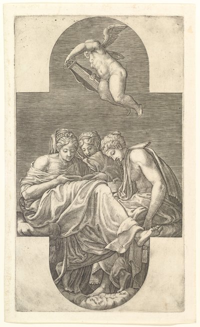 Three Muses and a Putto with a Lyre, a cruciform composition, from a series of eight compositions... by Giorgio Ghisi