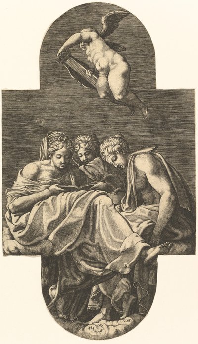 Three Muses and a Putto Above with a Lyre, from a Series of Eight Compositions after Francesco by Giorgio Ghisi