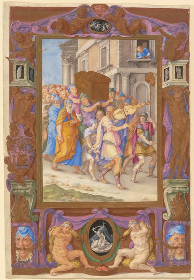 King David Dancing before the Ark of the Covenant, in a Decorative Frame by Giorgio Giulio Clovio