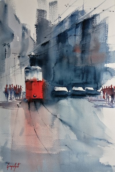 Red Tram City Street by Giorgio Gosti
