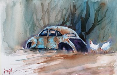 Rustic Car and Chickens by Giorgio Gosti