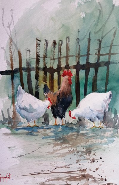 Watercolor Farm Chickens by Giorgio Gosti