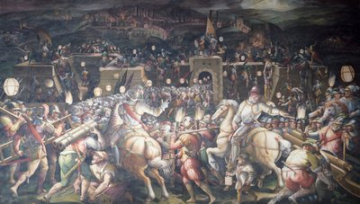 Italy, Florence, Palazzo Vecchio (Old Palace), Salone dei Cinquecento, Taking of Fort near Port Camollia in Siena by Giorgio Vasari